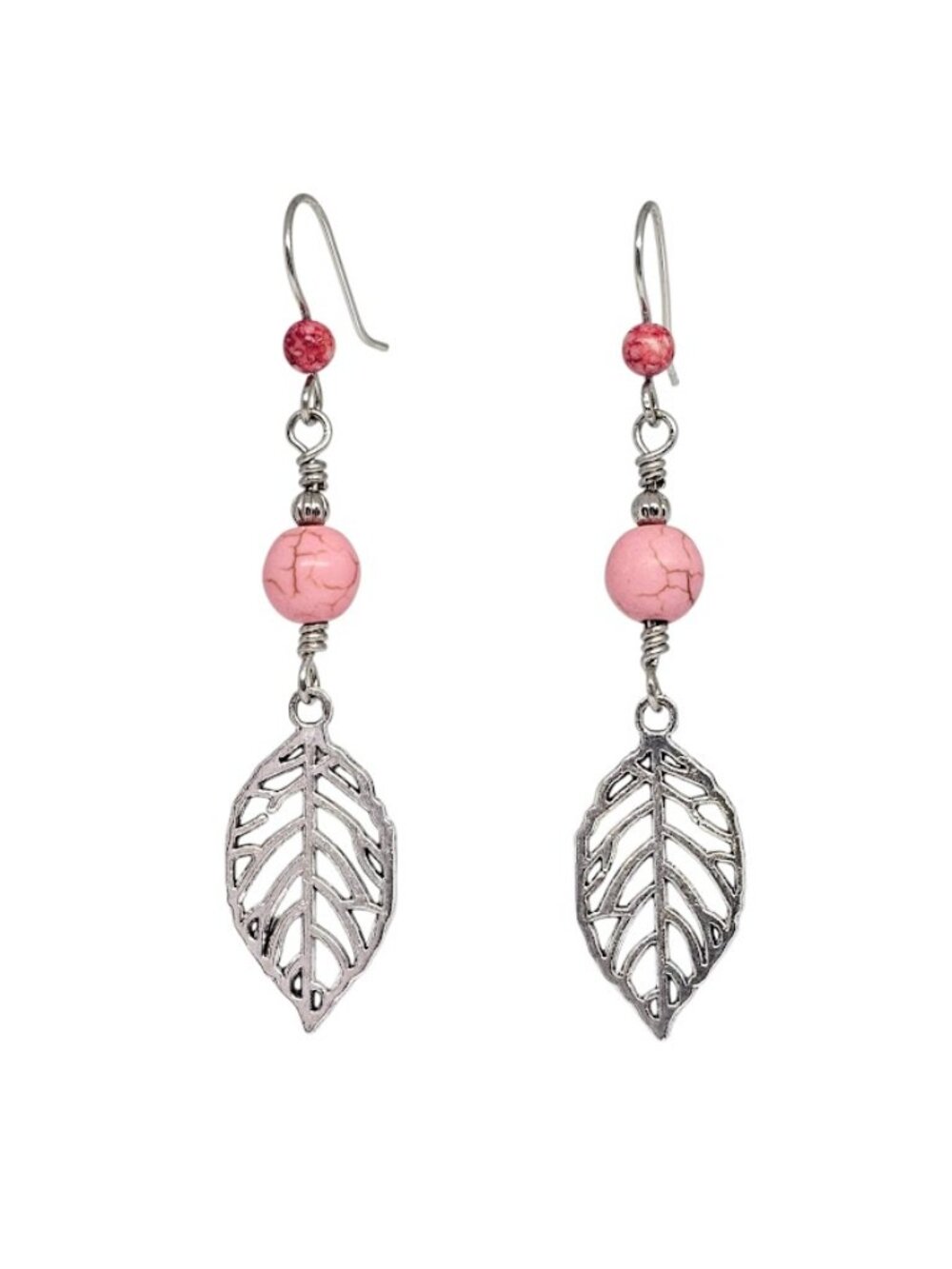 Handmade Pink Magnesite Beads Silver Leaf Pendant Boho Dangle Earrings Gift
